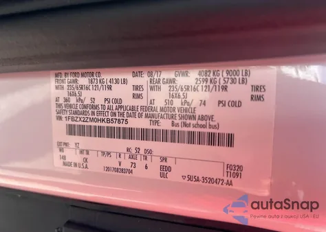 2017 Ford Transit-350 Xlt z USA, uszkodzony, nr VIN 1FBZX2ZM0HKB57875